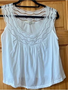 LOFT White Lace Trim Sleeveless Blouse Cotton Eyelet Tank Top Size S